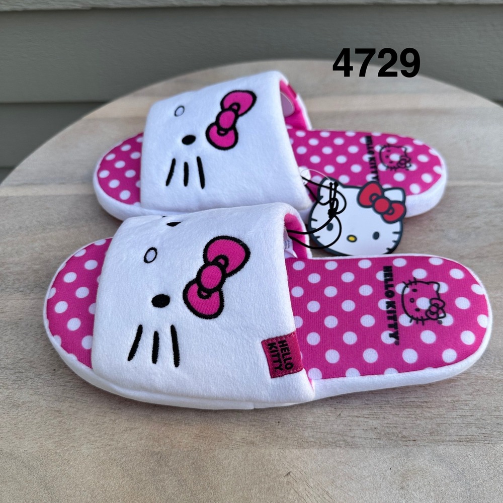 Sanrio Hello Kitty Kids Pink Polka Dot Plush Slide Slippers Size M 6-7 New